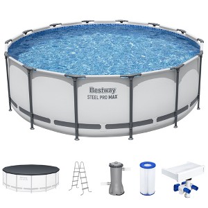 Bestway 7 Colored LED Waterfall Cascade Accessory Attachment & Steel Pro MAX 14' x 48" Round Outdoor Above Ground Swimming Pool Set with Pump - 1 of 4