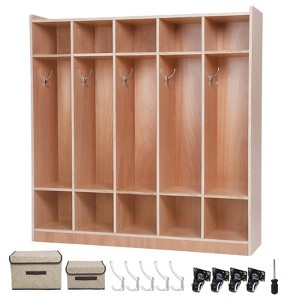 5-Section Wooden Cubbies for Storage, 48.4" High Plywood Cubby Shelf with Hooks, Storage Boxes & Lockable Wheels for Preschool, Classroom - 1 of 4