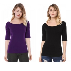 Allegra K Women's Half Sleeves Scoop Neck Fitted Layering Soft T-Shirt 2 Packs - 1 of 4
