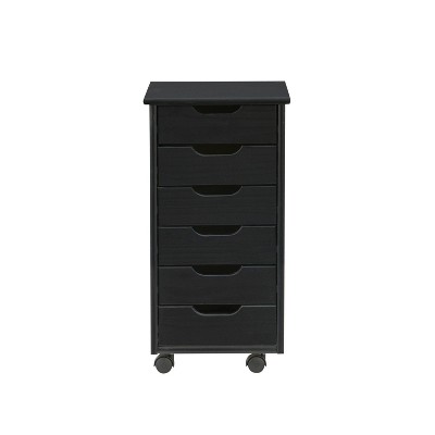 Cary Black Pine Wood Six Drawer Rolling Storage Cart