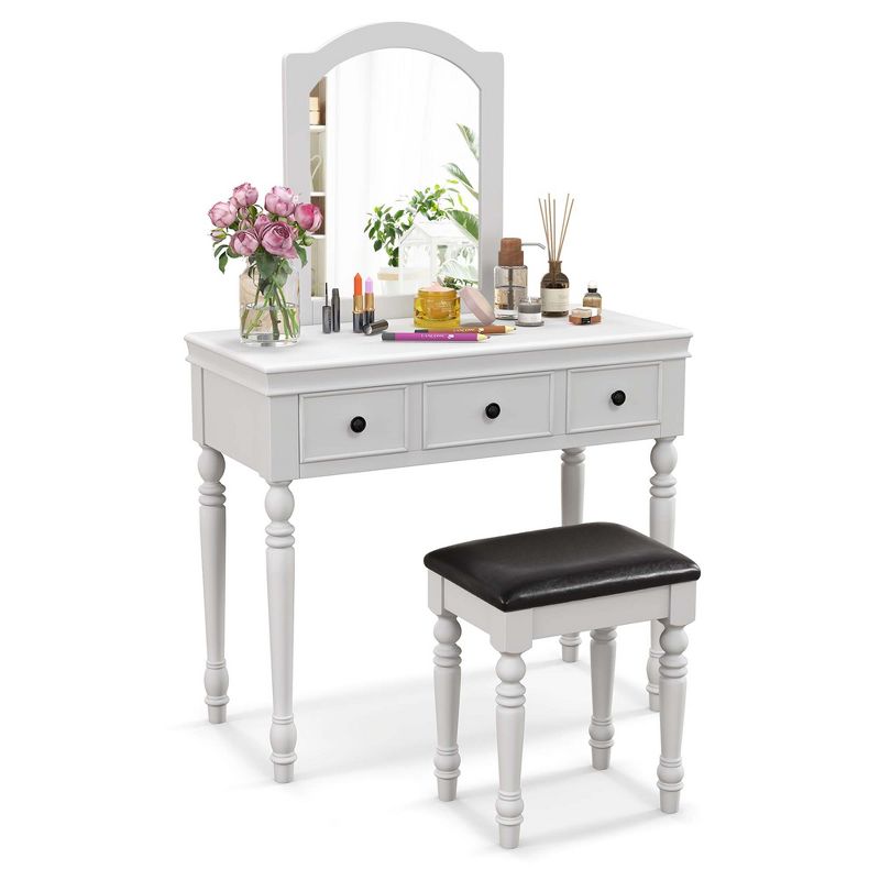 Costway Vanity Table Set Makeup Desk Cushioned Stool 3 Drawer Large Mirror White/Walnut, 2 of 11
