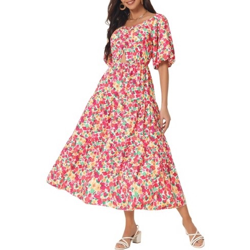 Seta T Women's Summer Casual Flowy Beach Square Neck Puff Short Sleeve  Smocked Back Boho Floral Long Maxi Dress Red Small : Target