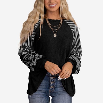 Amaryllis Women’s Mixed Stripe Long Sleeve Raglan Top With Bandana Print Puff Sleeves