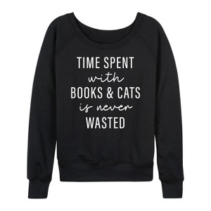 Women's - Instant Message - Time Spent With Books Cats Lightweight French Terry Wide Neck Long Sleeve Graphic Shirt - 1 of 4