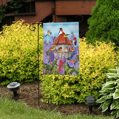 Birdhouse and Lilacs Spring Garden Flag with Colorful Birds
