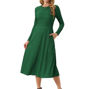 INSPIRE CHIC Women's Long Sleeve Round Neck Casual Stretchy A-Line Midi Dress - 1 of 4