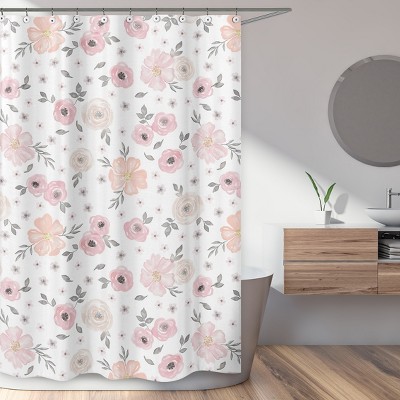 Blush Pink and Grey Watercolor Floral Fabric Shower Curtain