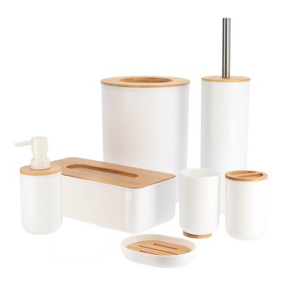 Evideco French Home Goods Padang Collection 7-Piece Bathroom Accessory Set with Bamboo Accent – Soap Dispenser, Tumbler, Soap Dish....
