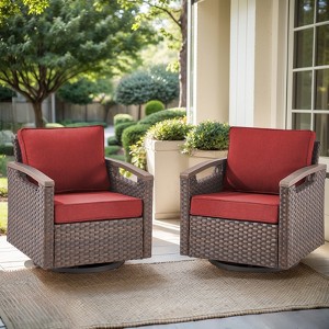 POCASSY Swivel Patio Chairs Swivel Rocker Set of 2, Dark Brown Hand-Brushed Arms 360° Swivel Outdoor Chairs with All Weather Brown Wicker & 4" Cushion - 1 of 4