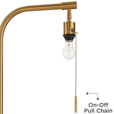 Brass Arc Floor Lamps with White Linen Shades and Glass Tray Tables