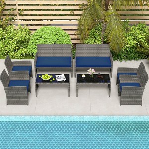 Costway 8 PCS Patio Conversation Set with Seat Cushions & Tempered Glass Tabletop, Outdoor Red/Black/Off-white/Gray/Turquoise/Navy - 1 of 4