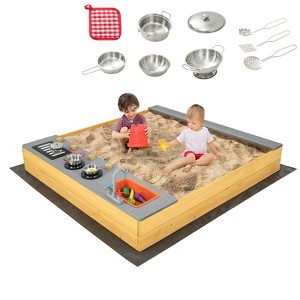 Costway Kids Sandbox Outdoor Wooden Sandpit w/ Bottom Liner Creative Cooking Area - 1 of 4
