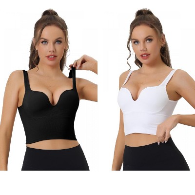 Allegra K Women's Wireless Medium Support Push-Up Fixed Straps Workout Sleep Sports Bra 2 Packs