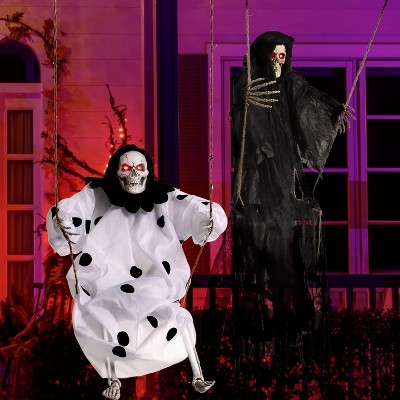 Joyfy 2 Packs 3ft Halloween Hanging Ghosts Outdoor Decor, Scary Grim Reaper Swinging Flying Skeleton with Lighted Up Eyes for Yard Patio Lawn Garden