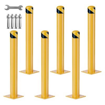 6-Pack 36" Heavy Duty Safety Bollards - Yellow Carbon Steel w/ Reflective Tape & Anchor Bolts, Removable Traffic Posts for Warehouse, Garage