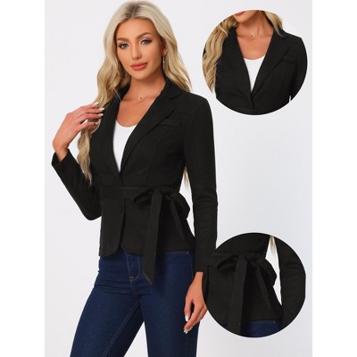 Allegra K Women's Faux Suede Notched Lapel Collar Casual Jackets with Belt Medium Black — фото 2
