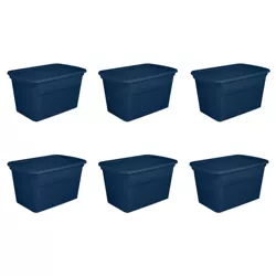 Sterilite Lidded Stackable 30 Gallon Storage Tote with Handles and Indented Lid for Efficient, Space Saving Household Storage, Marine Blue, 6 Pack