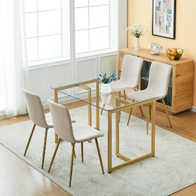 FurnitureR Dining Chairs Set of 4 Comfy Side Seating with Fabric Seat Back and Sturdy Golden Legs for Kitchen Living Waiting Room, Beige