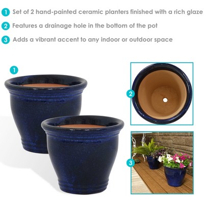 Imperial Blue Medium Ceramic Indoor/Outdoor Planter Set with Drainage Holes