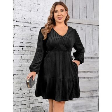 Coolmee Women Plus Size Casual V-Neck Long Sleeve Layered Loose Flowy Mini Dress with Pocket Black 3XL