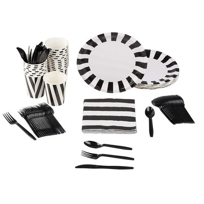 Blue Panda 144 Pieces Black & White Party Supplies- Disposable Plates, Napkins, Cups & Cutlery (24 Guests)