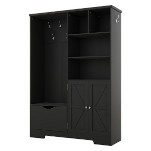 Dexmalle Elegant Hall Tree with Storage Shelves,Drawers and Bench,Black - 1 of 4