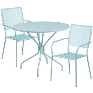 Emma and Oliver Commercial Grade 35.25" Round Metal Garden Patio Table Set, 2 Square Back Chairs - 1 of 4