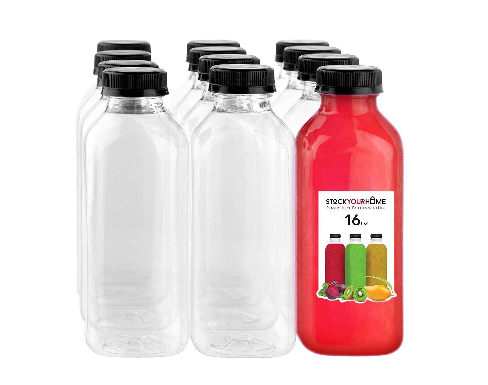 16 oz Clear Plastic Juice Bottles with Caps (12 pack)