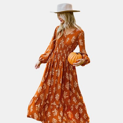 Women's Autumnal Pumpkin Floral Blouson Sleeve Smocked Maxi Dress -Cupshe