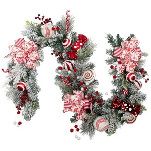 Northlight Heavily Flocked Pine with Candy Cane Striped Bows Artificial Christmas Garland - 6' x 8" - Unlit - 1 of 4