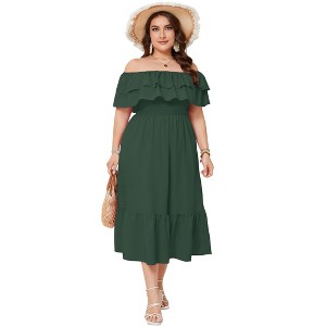 Women Plus Size Off Shoulder Maxi Dress Ruffle Flowy Summer Casual Boho Long Dresses - 1 of 4
