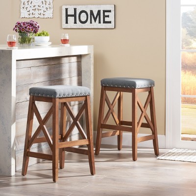 Walnut Wood Backless Barstools with Charcoal Upholstered Seats, Set of 2