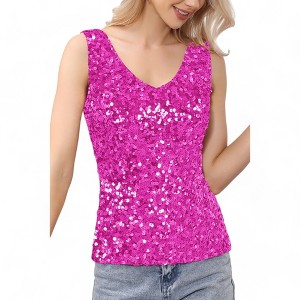Anna-Kaci Women's Sleeveless Sequin Tank Top V-Neck Sparkly Party Shirt - 1 of 4