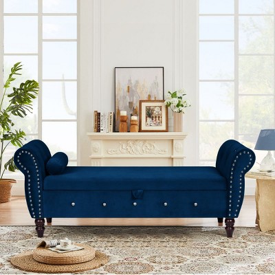 63 Blue Velvet End of Bed Storage Bench King Size Rolled Armstorage Ottoman Bench Crystal Button Tufted Ottoman for Living Room Cuddlewood