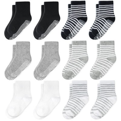 Cozyway CozyWay Non-Slip Crew Grip Kids Socks, 12 Pack for Boys & Girls, Black/White/Gray & Stripes, 5-7 Years Old
