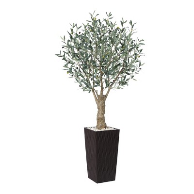 UV Resistant 6-7FT Artificial Olive Tree with White Tall Planter and Thick Trunk, Pre Potted Fake Tree for Indoor and Outdoor House Decor