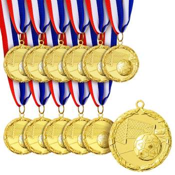 Juvale 12 Pack Soccer Award Medals Adults - Durable Red, White, and Blue 15.5" Ribbon (2 In, Metal, Gold)