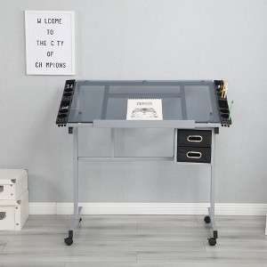 Adjustable Art Drawing Desk Craft Station Drafting with 2 Non-woven fabric Slide Drawers and 4 Wheels,114*60*74cm(3.74*1.97*2.43ft) - 1 of 4