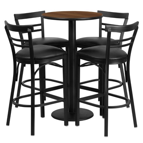 Flash Furniture 24'' Round Walnut Laminate Table Set with Round Base and 4 Two-Slat Ladder Back Metal Barstools - Black Vinyl Seat - image 1 of 2