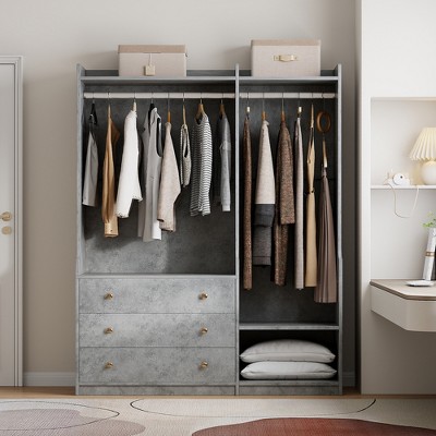 Vynxaria Open Wooden Wardrobe Storage for Bedroom - Stylish Gray Design for Organized Living