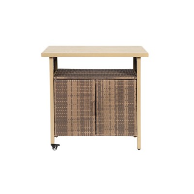VisioGear Outdoor Bar Cart, Patio Wine Serving Cart, Rolling Rattan Beverage Bar Counter Table for Party, Beige, 51.18"*19.69"*35.43"