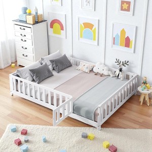 Mshliw Full Size Montessori Floor Bed with Fence and Door, Wooden Platform Bed Frame with Slats for Kids and Toddlers Bedroom - 1 of 4