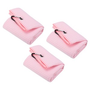 Unique Bargains Super Absorbent Waffle Pattern Tri-Fold Golf Towels with D Clips 3 Pcs - 1 of 4