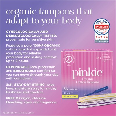 Pinkie Tween & Teen Organic Cotton Tampon Multipack - Light & Regular Absorbency - 36ct