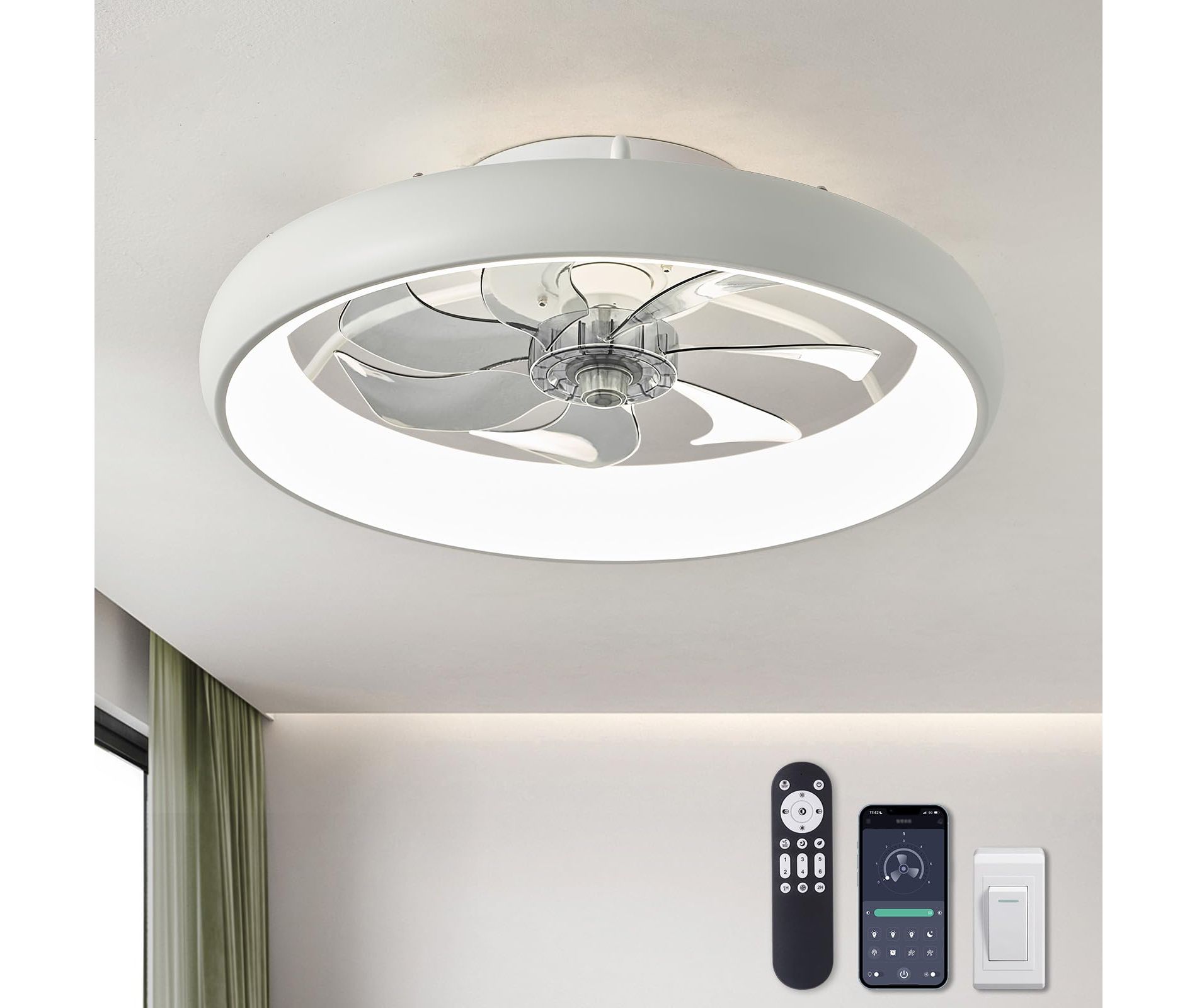 Ludomide Ceiling Fans with Lights, Flush Mount Ceiling Fan with Lights and Remote, 6 Wind Speeds Smart Low Profile Ceiling Fan for Bedroom-White
