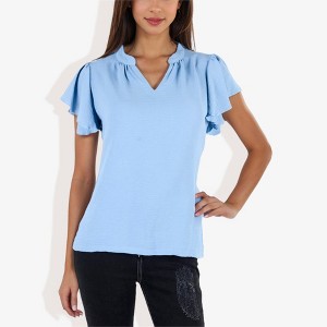 Anna-Kaci Women's Short Sleeve Ruffle Hem V-Neck Blouse Lightweight and Comfortable Casual Top - 1 of 4
