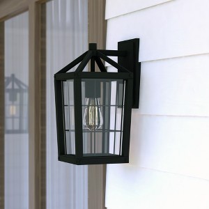 VAXCEL Gage 7-in Black Outdoor Farmhouse Wire Cage Wall Lantern, Dusk to Dawn 1-Light Wall Lamp Sconce with Clear Glass Panels - 1 of 4