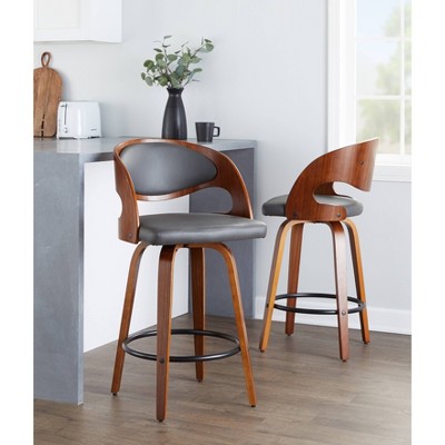 Walnut and Gray Faux Leather Swivel Counter Stools, Set of 2