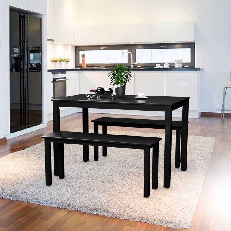 3pcs Dining Set Modern Studio Collection Table with 2 Benches Wood Legs Black, 3 of 11