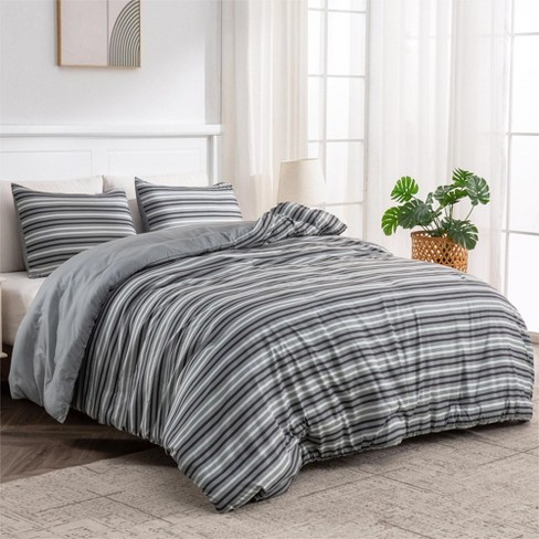 Ultra Soft Reversible Printed Stripe Microfiber Comforter Set - All-Season Warmth, Dark Grey - King